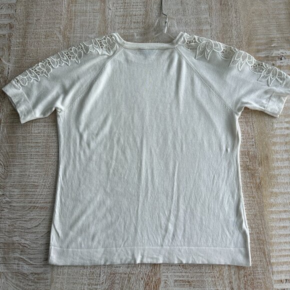 Ann Taylor Ivory/Creme/Beige Lace Short Sleeve Knit Top Cotton/Silk Blend LP - Picture 8 of 10